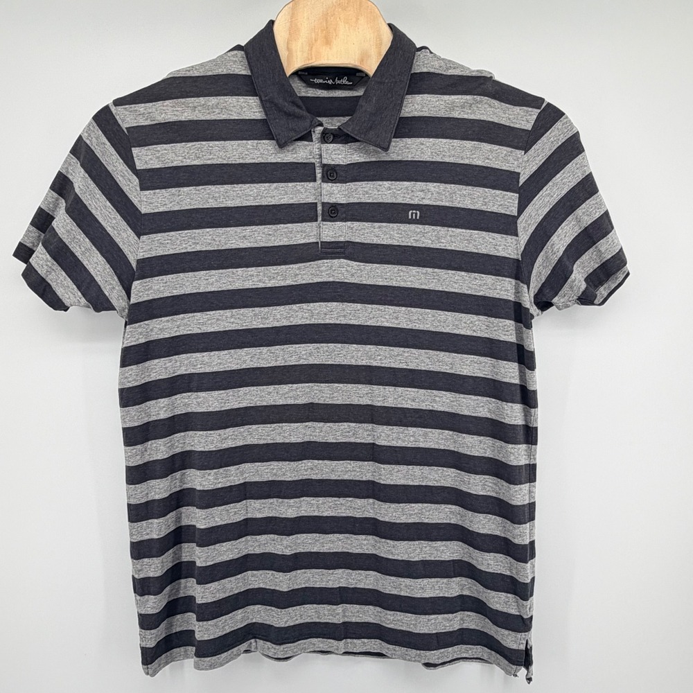 TravisMathew Polo Shirt Mens Medium Gray Charcoal Striped Golf Short Sleeve M